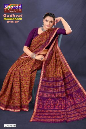 Gadhwal Meenakari Cotton Saree in Dull Orange and Purple Floral Design