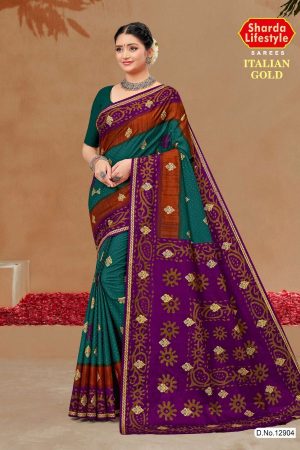 ITALIAN GOLD Cotton Saree in Purple, Orange, and Ivory Green with Stylish Design