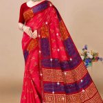 Jay Shree Ram Siroski saree in bright red and metal blue with charming design