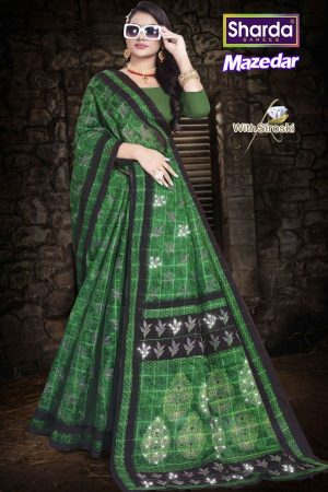 Full View of Mazedaar Siroski Cotton Saree in Green Color