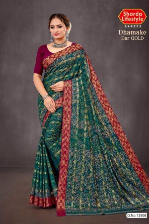 Dhamake Dar Gold Cotton Saree Draped Elegantly