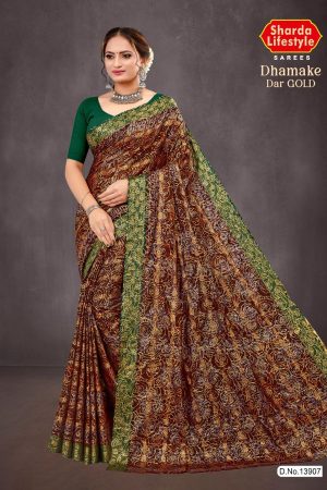 Dhamake Dar Gold Cotton Saree Draped Elegantly