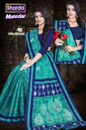 Mazedaar Siroski Cotton Saree with Blue Leaf Pattern