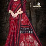 Close-Up of Leaf Design on Deep Red Cotton Saree with Siroski Crystal