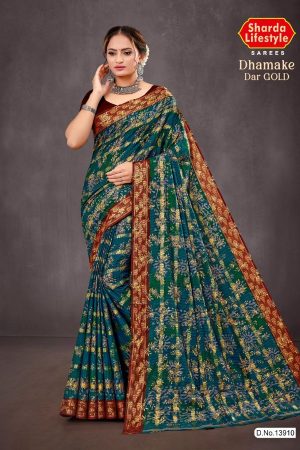 Dhamake Dar Gold Cotton Saree Draped Elegantly