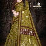 Full View of Mazedaar Siroski Cotton Saree with Olive Green Leaf Pattern