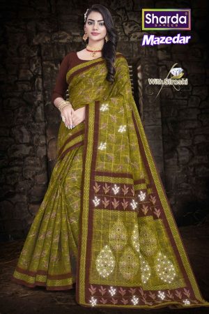 Full View of Mazedaar Siroski Cotton Saree with Olive Green Leaf Pattern