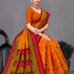 Jay Jawan Jay Kishan Cotton Saree in Orange, Green, and Red with Ultra-Modern Design