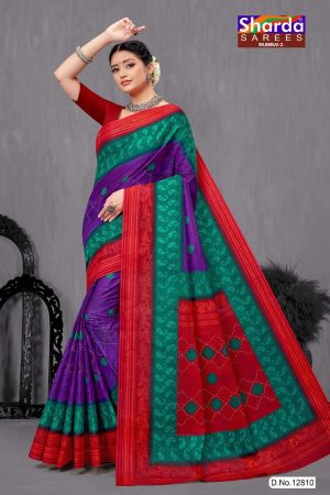 Jay Jawan Jay Kishan Cotton Saree in Purple, Green, and Red with Ultra-Modern Design