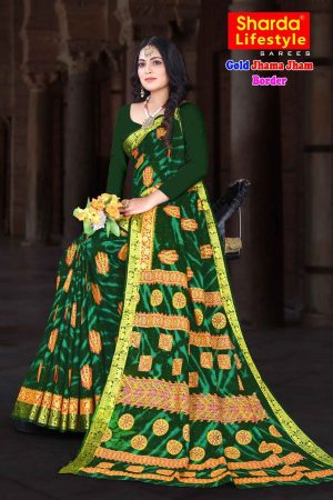 Model showcasing Gold Jhama Jham Border Green Cotton Saree with accessories