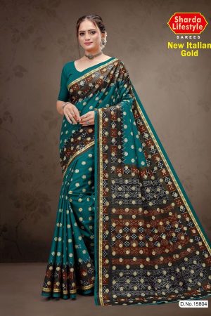 New Italian Gold Cotton Saree with Blue Color and Luxurious Design