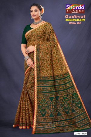 Close-up of Green Meenakari Floral Patterns on Gadhwal Cotton Saree