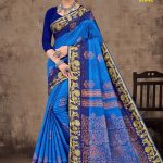 Copper Crystal Stone Cotton Saree in Blue & Navy Blue with Rich Design