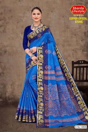 Copper Crystal Stone Cotton Saree in Blue & Navy Blue with Rich Design