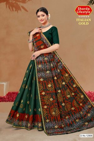 ITALIAN GOLD Cotton Saree in Dark Green, Red, and Grey with Stylish Design