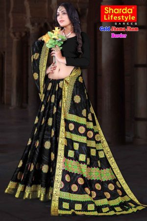 Model showcasing Gold Jhama Jham Border Pure Black Cotton Saree with accessories