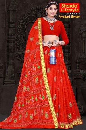 ivakasi Border Red Cotton Saree draped elegantly