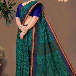 Kranti GADHWAL With BP Cotton Saree with Green and Navy Blue Color - Front View