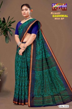 Kranti GADHWAL With BP Cotton Saree with Green and Navy Blue Color - Front View