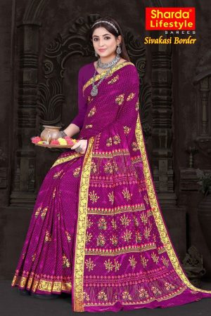 Sivakasi Border Purple Cotton Saree draped elegantly