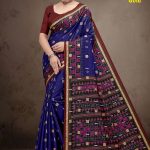 New Italian Gold Cotton Saree with Deep Blue Color and Luxurious Design