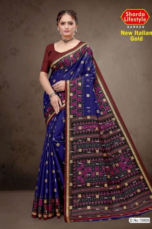 New Italian Gold Cotton Saree with Deep Blue Color and Luxurious Design