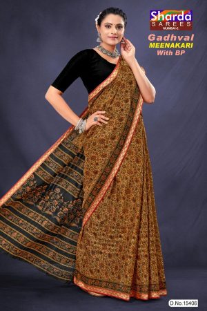 Model Wearing Gadhwal Mehndi & Black Floral Cotton Saree