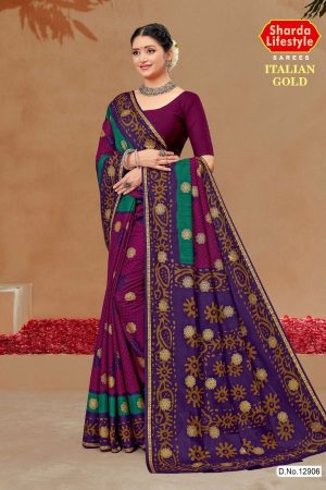 ITALIAN GOLD Cotton Saree in Purple, Navy Blue, and Ivory Green with Stylish Design