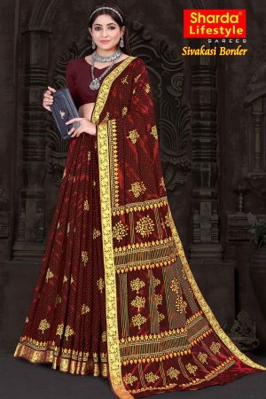 Sivakasi Border Metal Maroon Cotton Saree draped elegantly