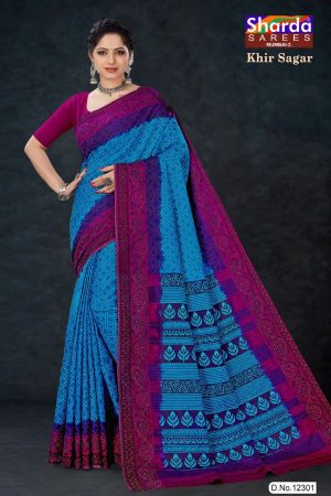 Khir Sagar Cotton Saree with Blue and Purple Color