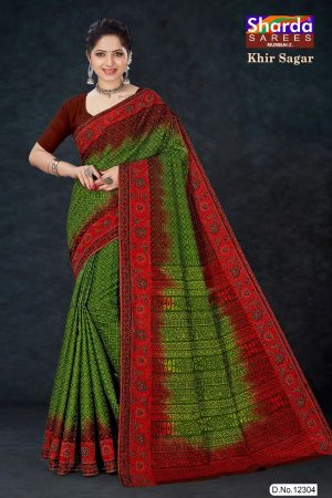 Khir Sagar Cotton Saree with Red and Green Color