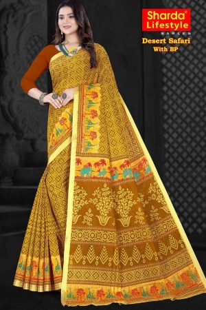 "Desert Safari Dull Yellow Cotton Saree draped elegantly