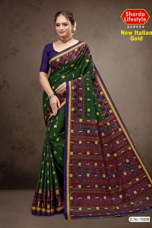 New Italian Gold Cotton Saree with Deep Green Color and Luxurious Design