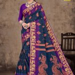 Model Wearing Copper Crystal Stone Cotton Saree in Metal Blue & Purple