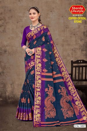 Model Wearing Copper Crystal Stone Cotton Saree in Metal Blue & Purple