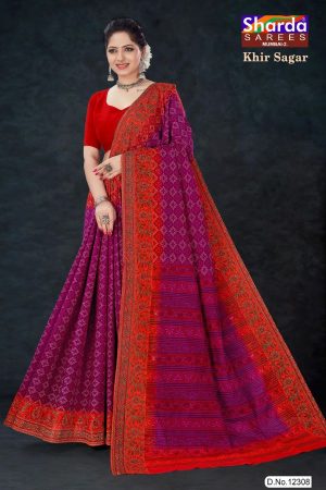 Khir Sagar Cotton Saree in Purple and Hot Red with Badhani Design