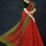 Close-Up of Badhani Design on Khir Sagar Cotton Saree in Mehndi and Hot Red