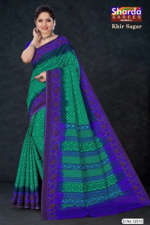 Close-Up of Badhani Design on Khir Sagar Cotton Saree in Green and Shining Blue