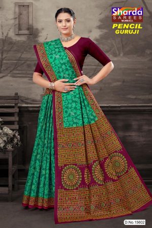 Pencil Guruji Green Cotton Saree draped elegantly