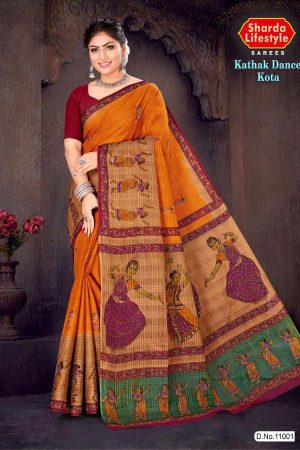 Kathak Dance Kota cotton saree in orange and cream color with accent design, showcasing a soft and elegant look.