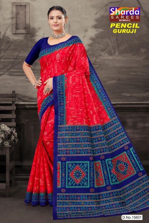 Pencil Guruji Red Cotton Saree draped elegantly