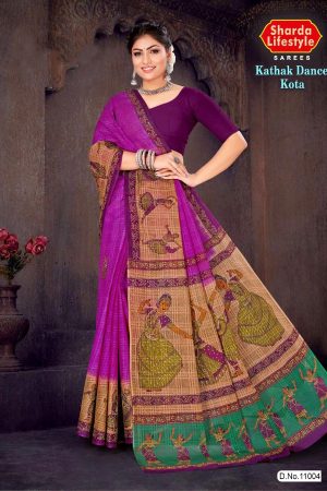 Kathak Dance Kota Cotton Saree featuring a beautiful purple and cream color with an accent design.