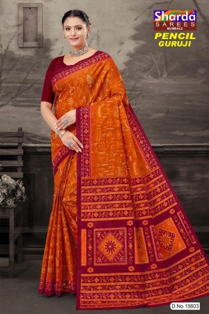 Pencil Guruji Orange Cotton Saree draped beautifully