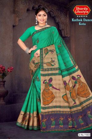 Kathak Dance Kota Cotton Saree featuring a beautiful green and cream color with an accent design.