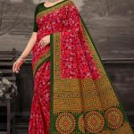 Pencil Guruji Green Cotton Saree with dark pink rose pattern