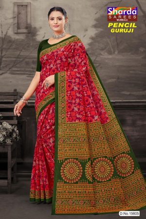 Pencil Guruji Green Cotton Saree with dark pink rose pattern