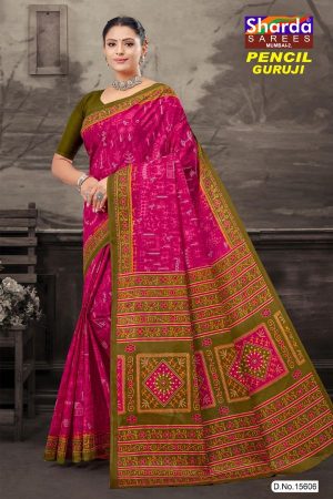 Pencil Guruji Mehndi Cotton Saree with pink accents and super design