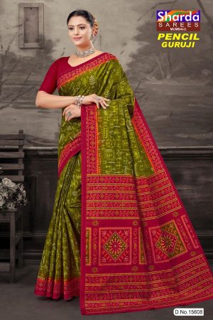 Pencil Guruji Red Cotton Saree with mehndi accents and super design