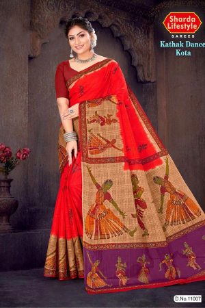 Kathak Dance Kota Cotton Saree in Red and Cream with Accent Design