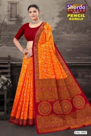 Model wearing Pencil Guruji Red Cotton Saree with orange accents